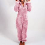 Pink-Women Solid Color hooded one-piece pajamas - Image 3