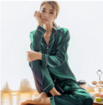 Green -Long Sleeve Women Pure Color Like Silk Sleepwear set - Image 3