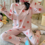 Long Sleeve Round Neck Peach Print Pajama Set - Image 3